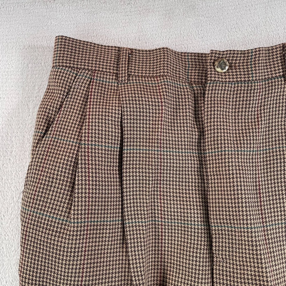 Vintage Ralph Lauren Trousers Women 8 Brown Houndstooth‎ Pleated Ornate Buttons